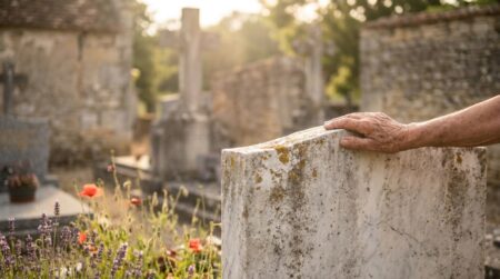 Main âgée posée sur une tombe en marbre au soleil