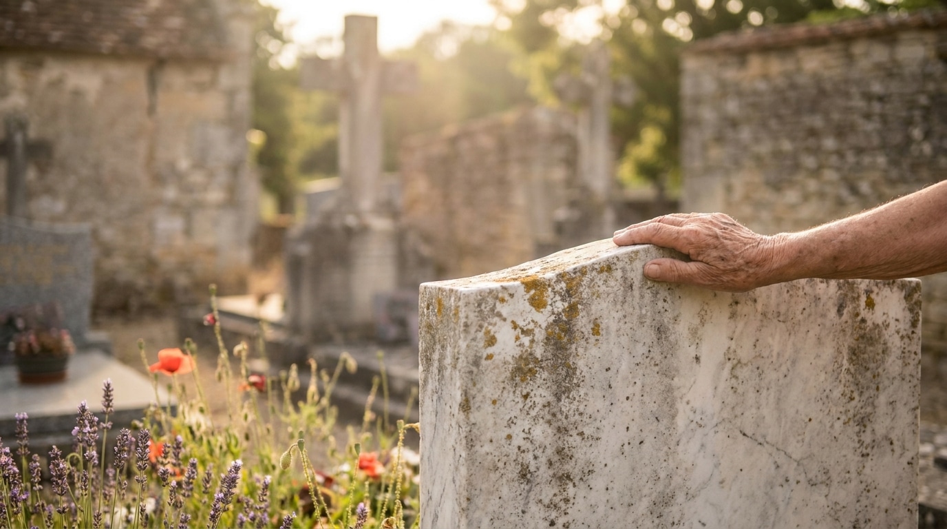 Main âgée posée sur une tombe en marbre au soleil