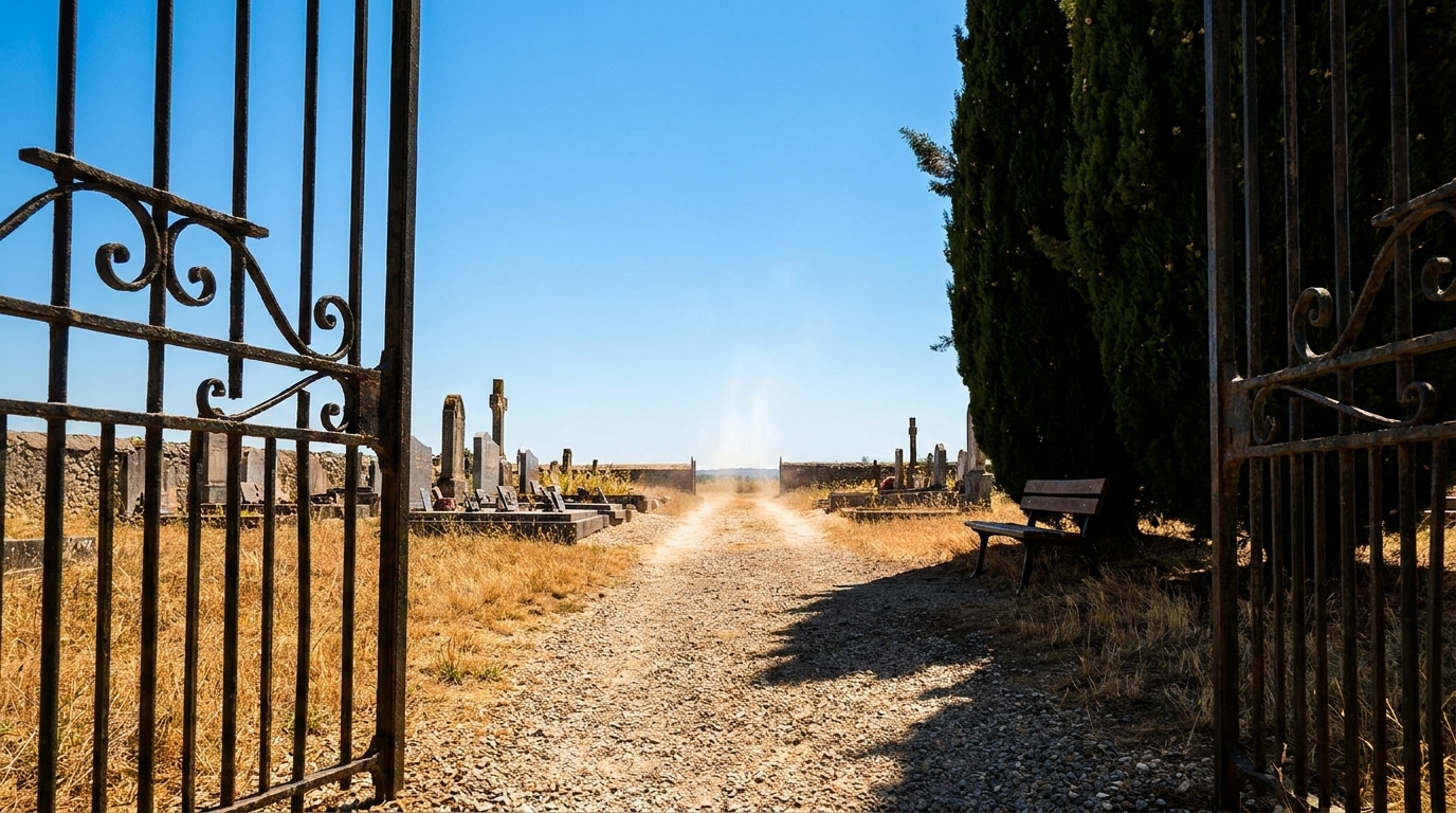 Cimetière de village français sous un soleil de canicule