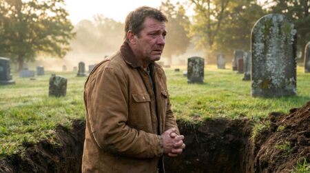 Homme seul dans un cimetière devant une tombe ouverte