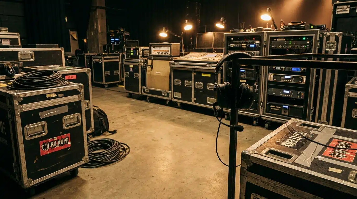 Coulisses d'un concert avec équipements techniques et casque audio posé sur un support