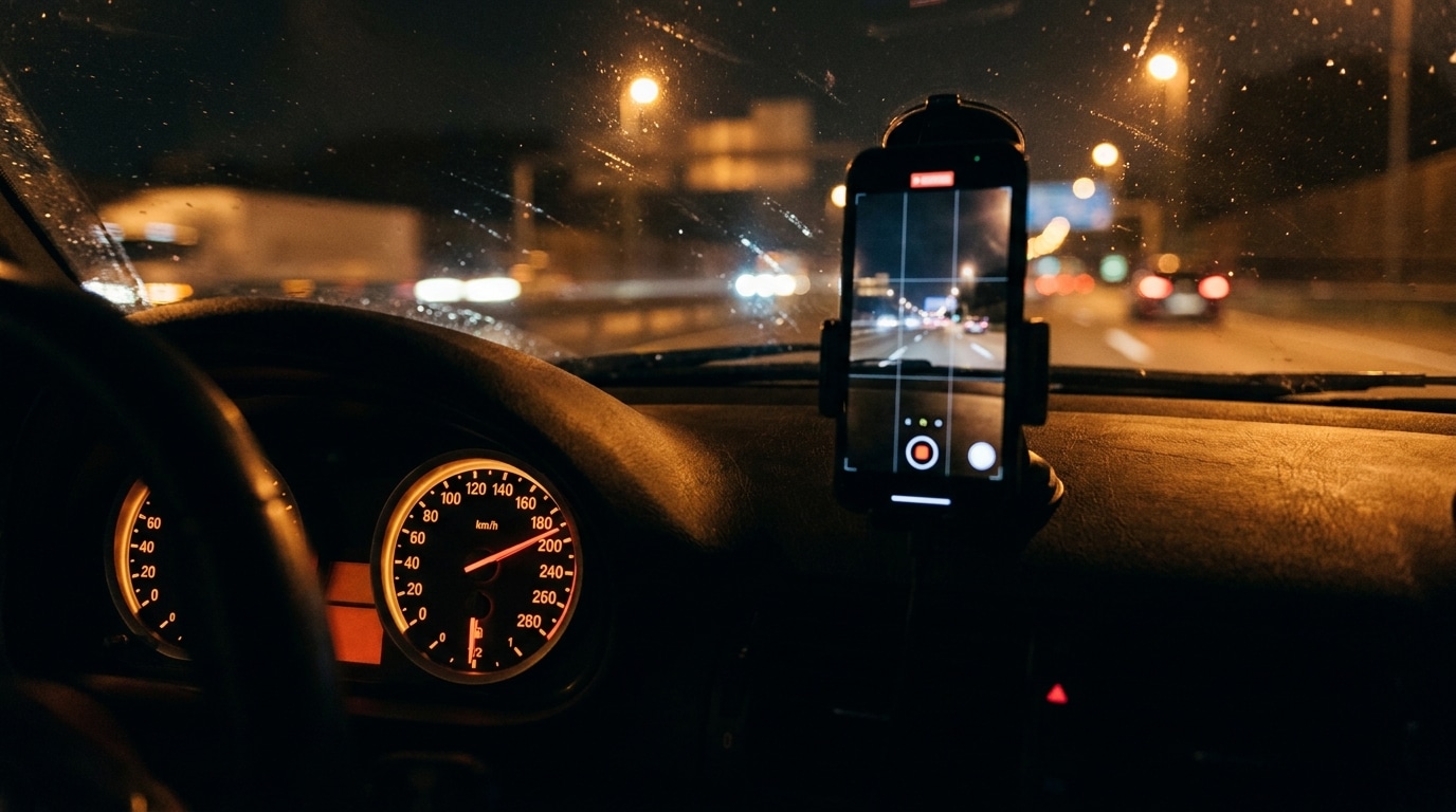 Compteur de vitesse affichant 248 km/h avec smartphone filmant