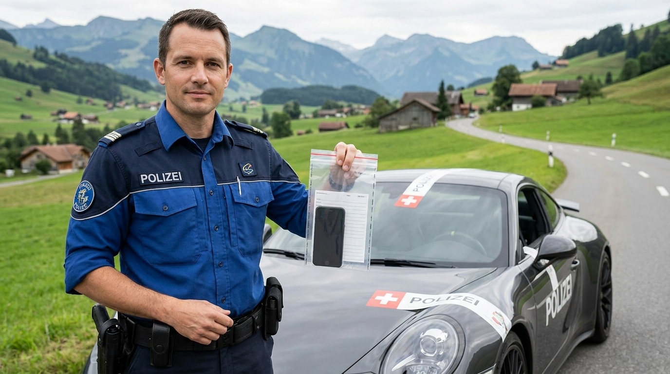 Policier suisse tenant un téléphone saisi près d'une voiture