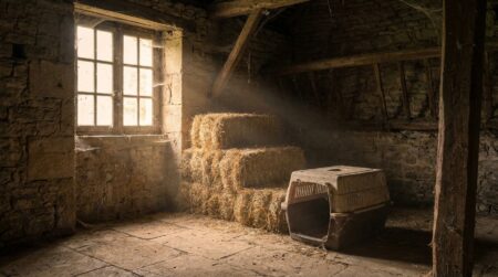 Intérieur sombre d'un bâtiment agricole avec cage renversée