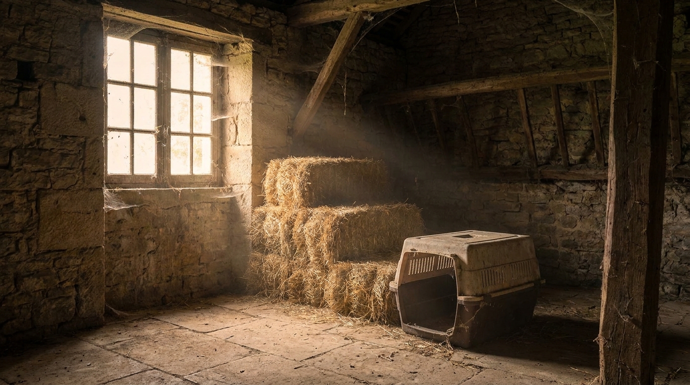Intérieur sombre d'un bâtiment agricole avec cage renversée