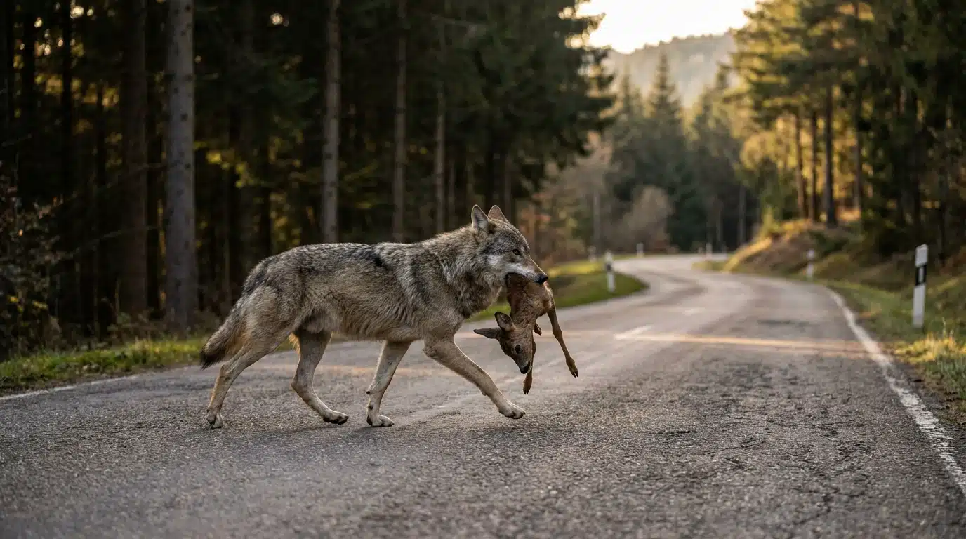 Loup gris traversant une route de campagne avec une proie