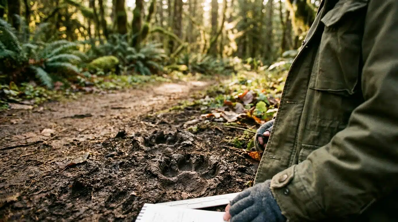 Empreintes de loup dans la boue en lisière de forêt