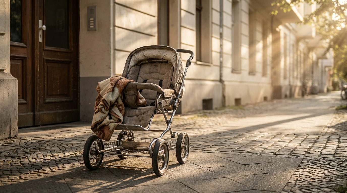 Poussette vide sur un trottoir devant un immeuble résidentiel
