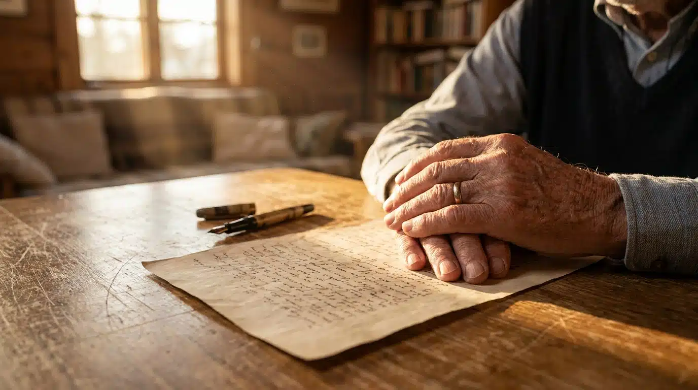 Mains âgées posées sur un testament manuscrit