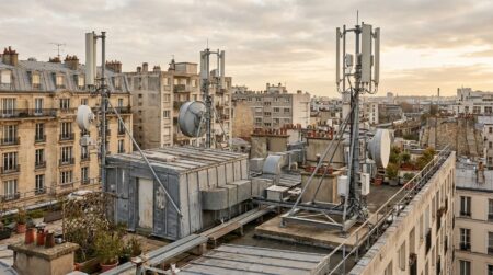 Toit-terrasse d'immeuble avec antennes de téléphonie mobile