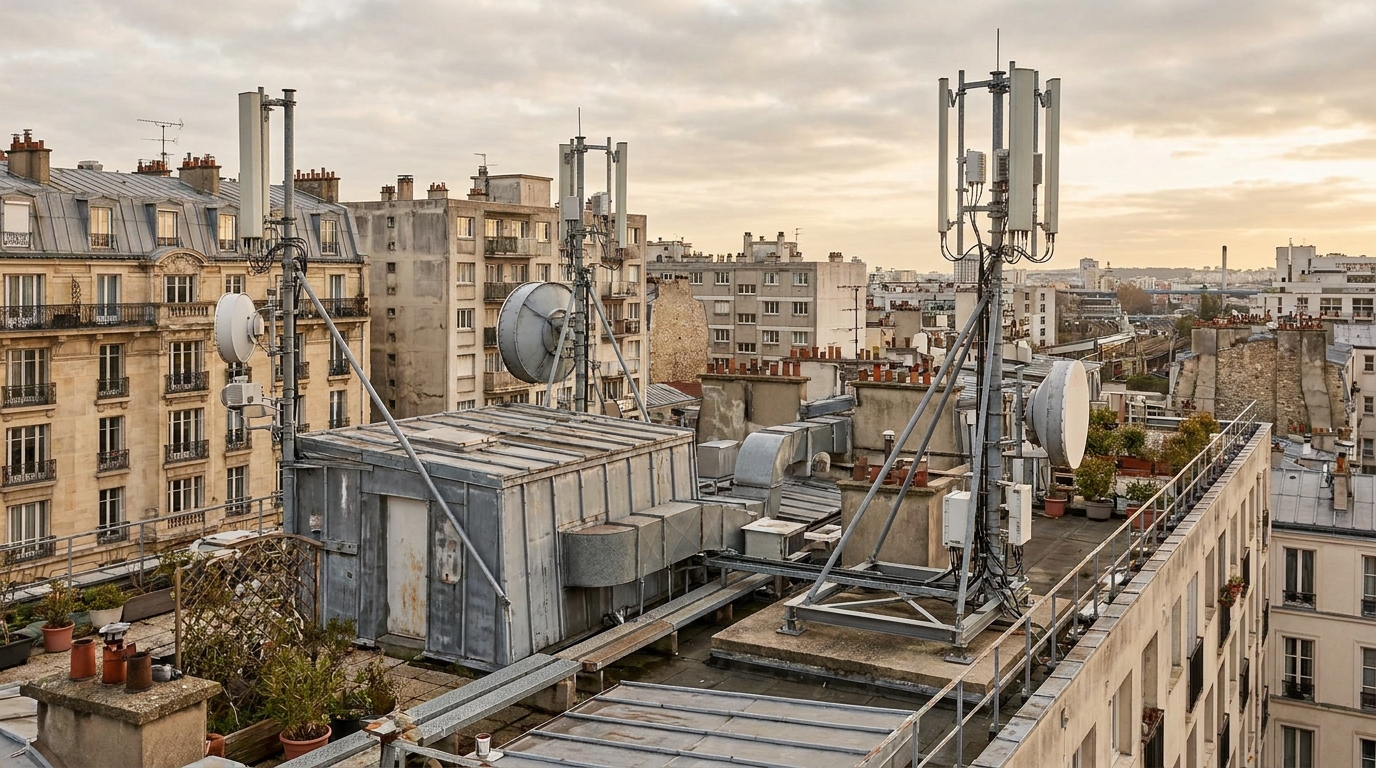 Toit-terrasse d'immeuble avec antennes de téléphonie mobile