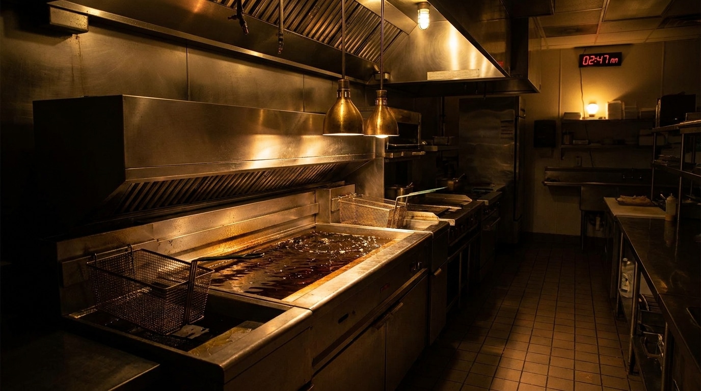 Friteuse industrielle dans une cuisine de fast-food vide