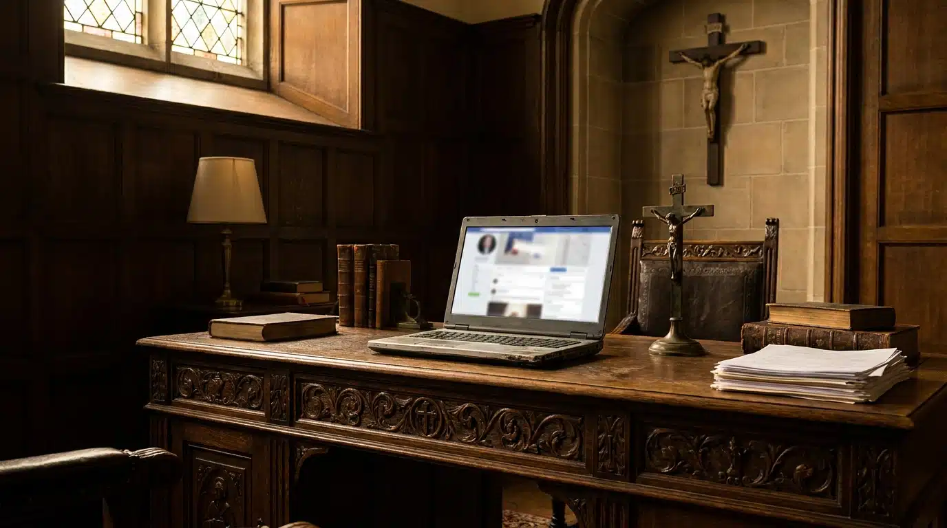 Bureau d'évêché avec crucifix et ordinateur ouvert