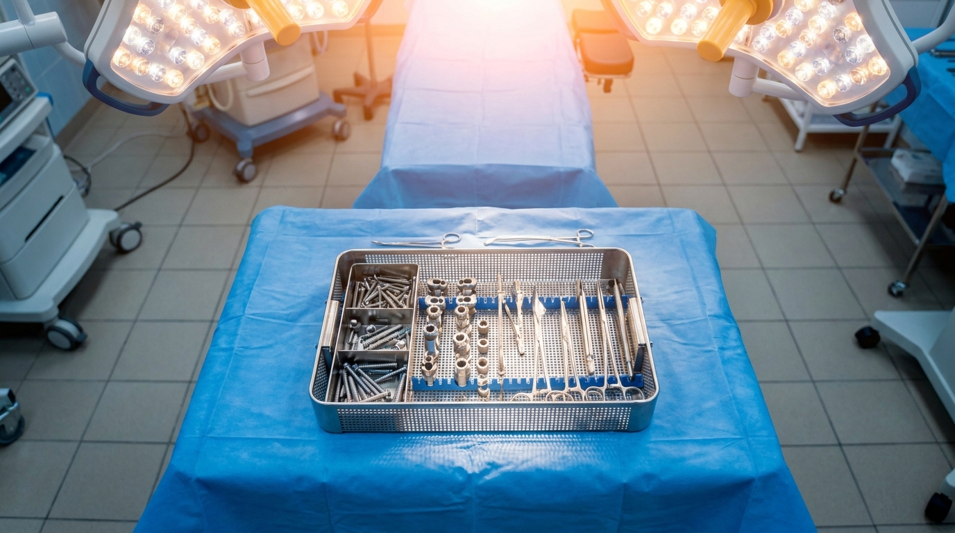 Implants chirurgicaux et instruments médicaux sur un plateau opératoire stérile