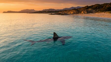 Aileron de requin fendant l'eau turquoise au coucher du soleil en Sardaigne