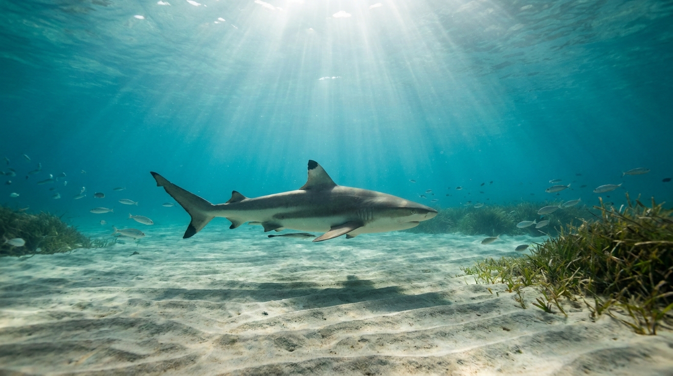 Requin à pointes noires nageant près du fond sableux en Méditerranée
