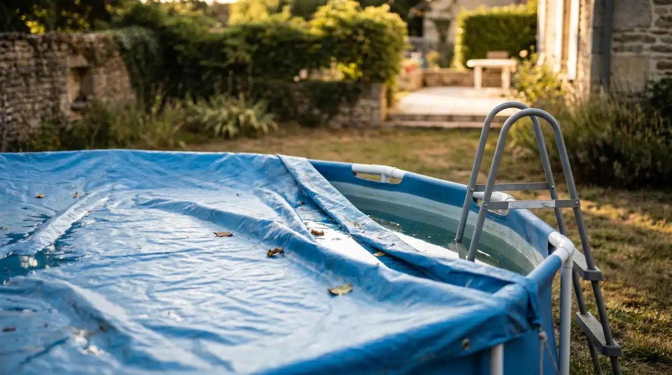 Piscine hors sol bâchée avec échelle dans un jardin