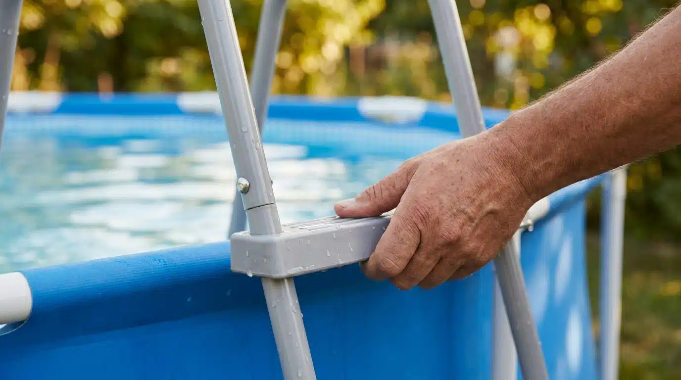 Main retirant l'échelle amovible d'une piscine hors sol
