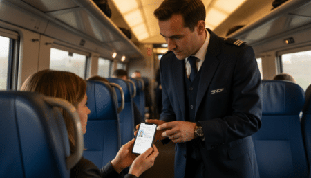 Contrôleur SNCF vérifiant un téléphone dans un train