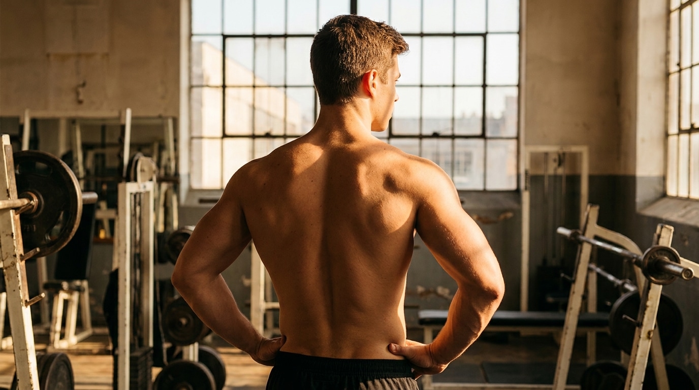 Homme musclé de dos montrant une asymétrie corporelle en salle de sport