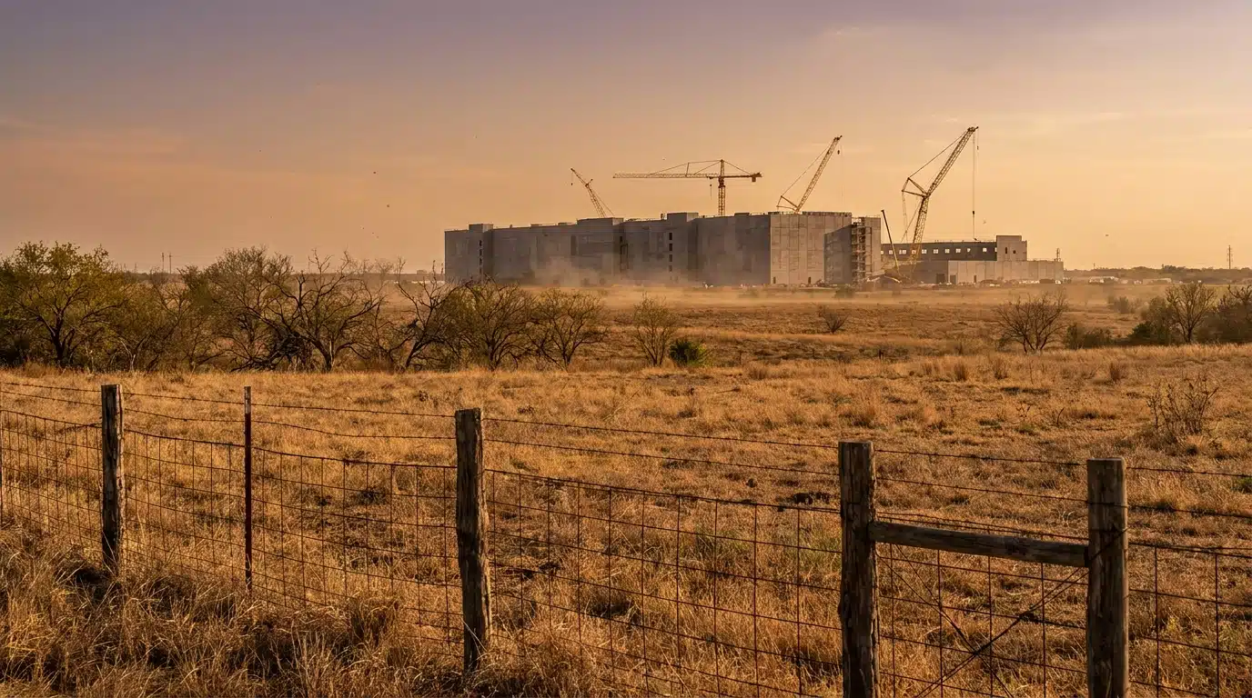 Terrain agricole texan avec un data center en construction au loin