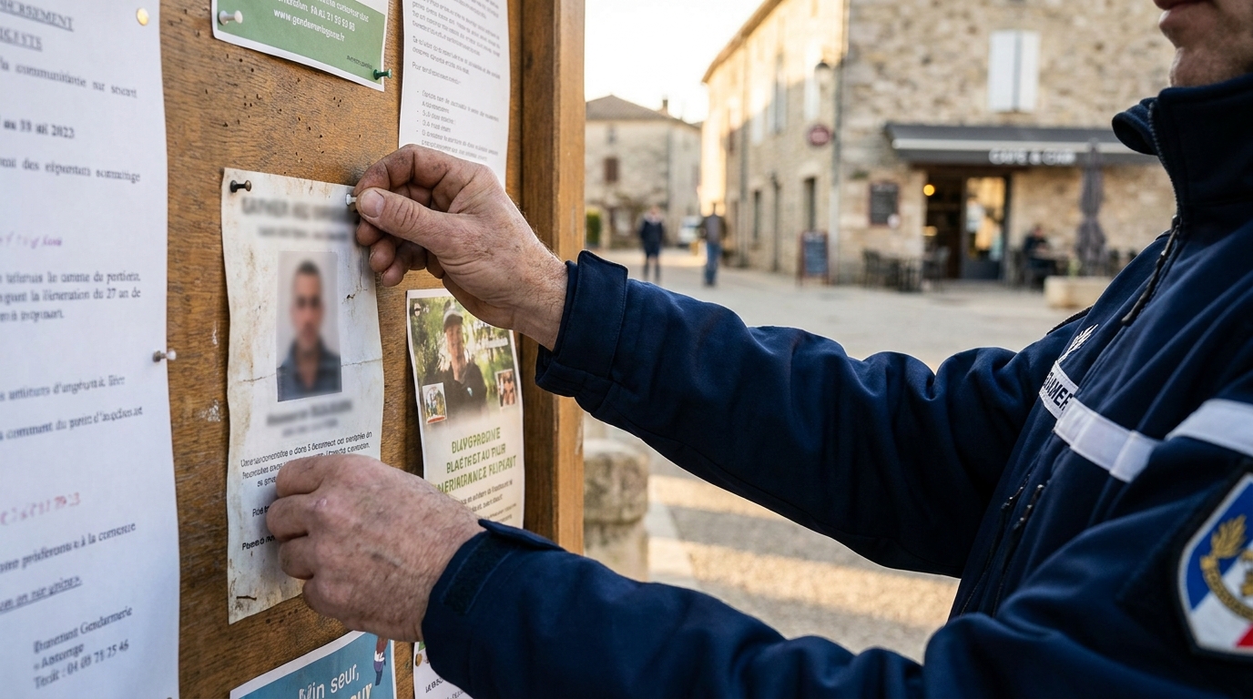 Gendarme affichant un avis de recherche sur un panneau communal
