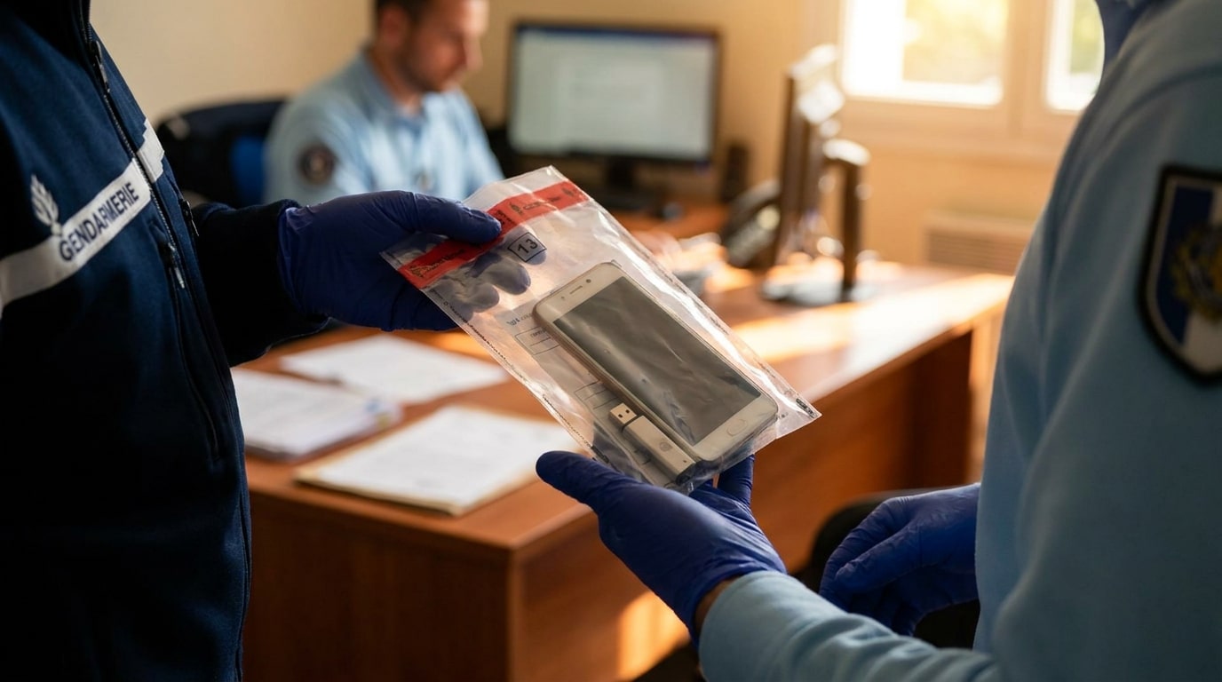 Mains gantées de gendarme tenant un sachet contenant téléphone et clé USB