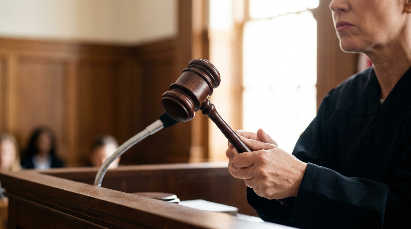 Mains d'une juge tenant un marteau dans un tribunal américain