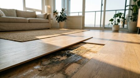 Lame de parquet soulevée révélant des moisissures noires