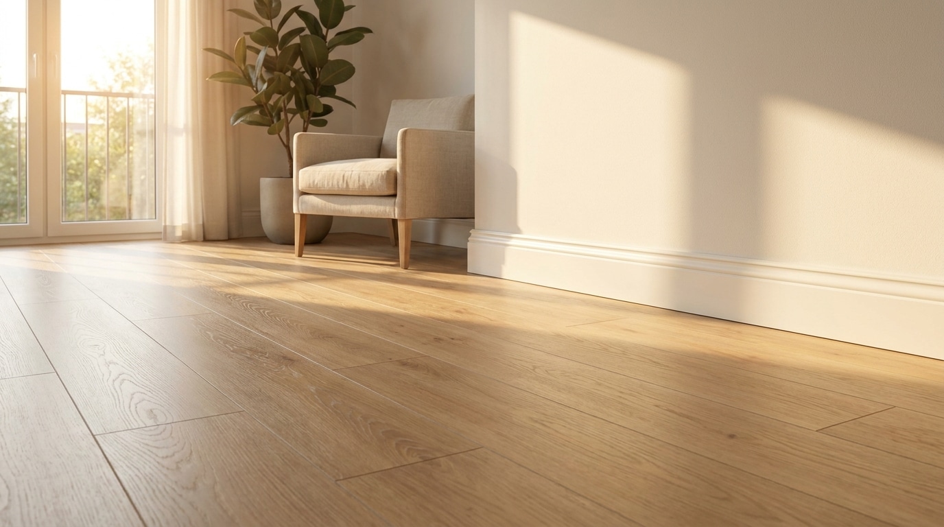 Parquet flottant neuf parfaitement posé avec plinthes