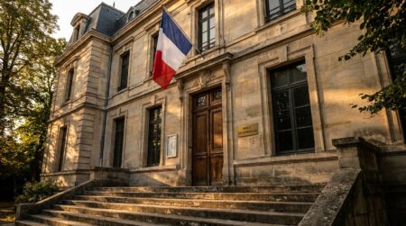 Façade d'une mairie française avec drapeau tricolore