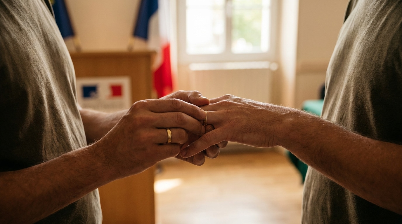 Mains échangeant des alliances lors d'une cérémonie civile