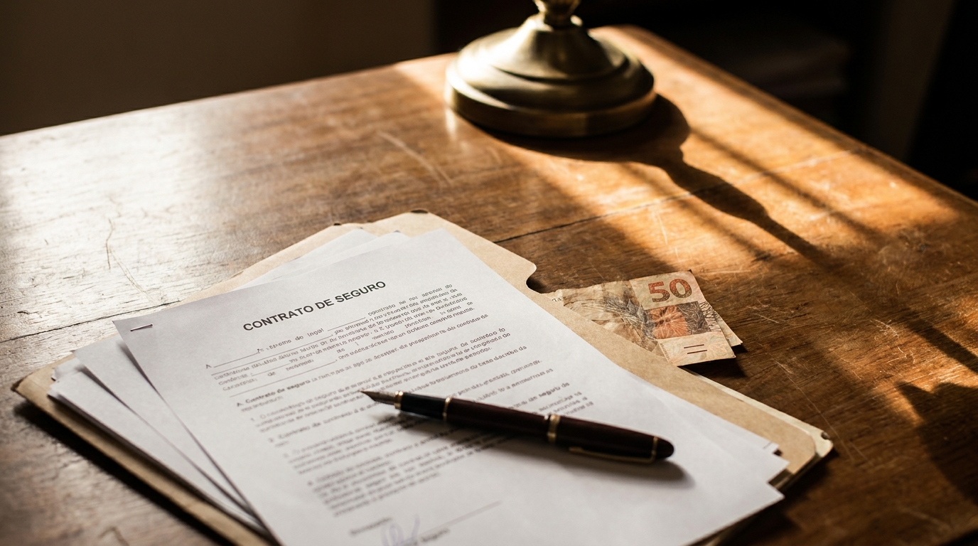 Documents d'assurance et billets brésiliens sur un bureau
