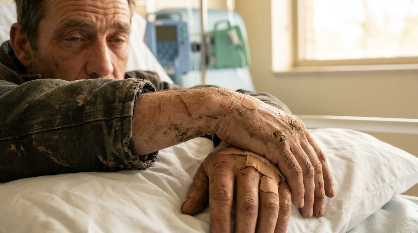 Bras blessés et couverts de boue sur un brancard d'hôpital