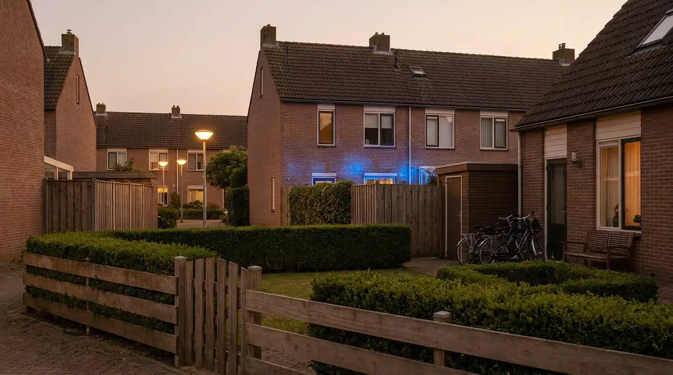 Jardin résidentiel néerlandais éclairé par des lumières de secours au crépuscule