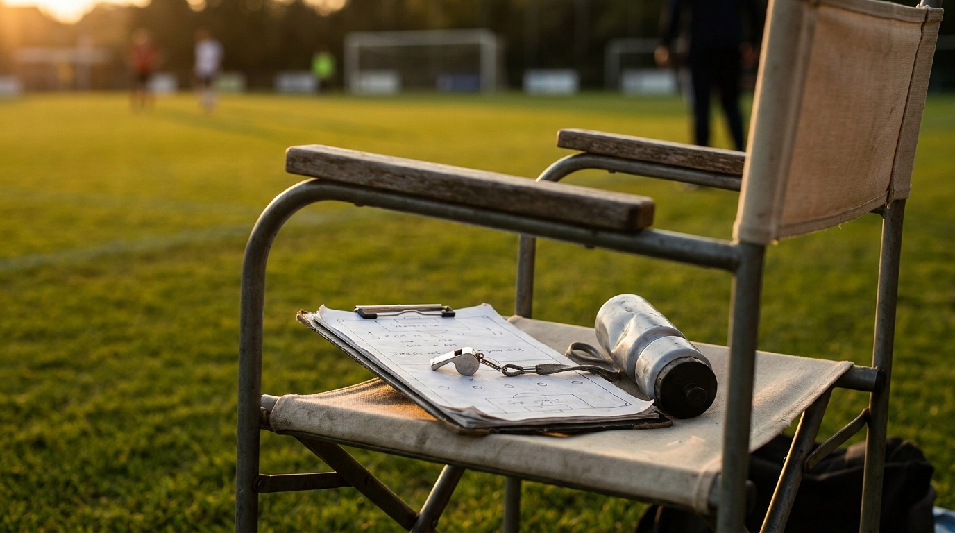 Banc de touche vide avec bloc tactique et sifflet sur un terrain de football