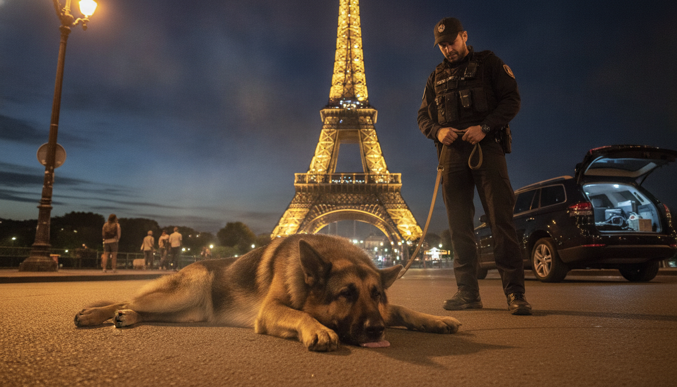 Chien de sécurité effondré au pied de la tour Eiffel