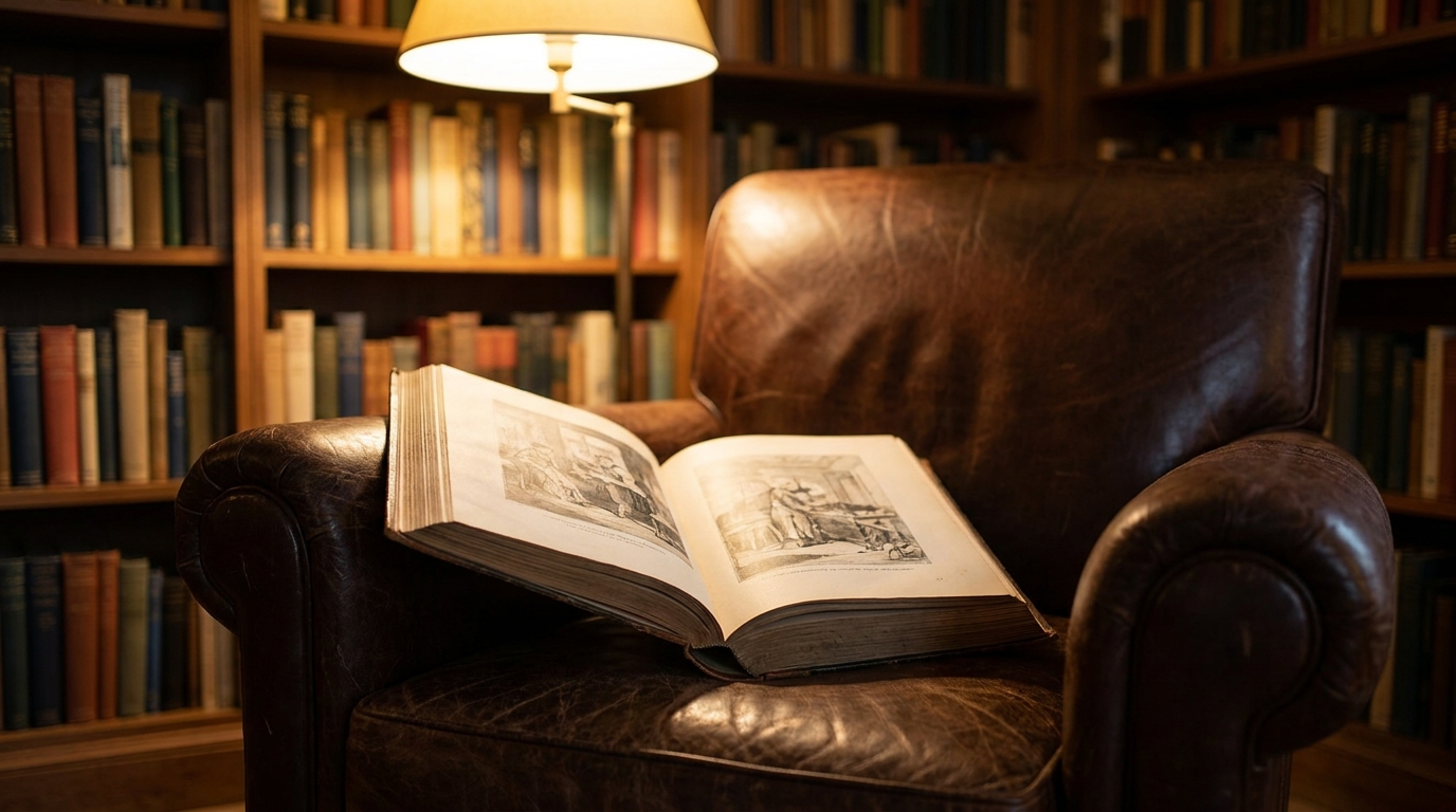 Livre ouvert posé sur un fauteuil en cuir dans une bibliothèque