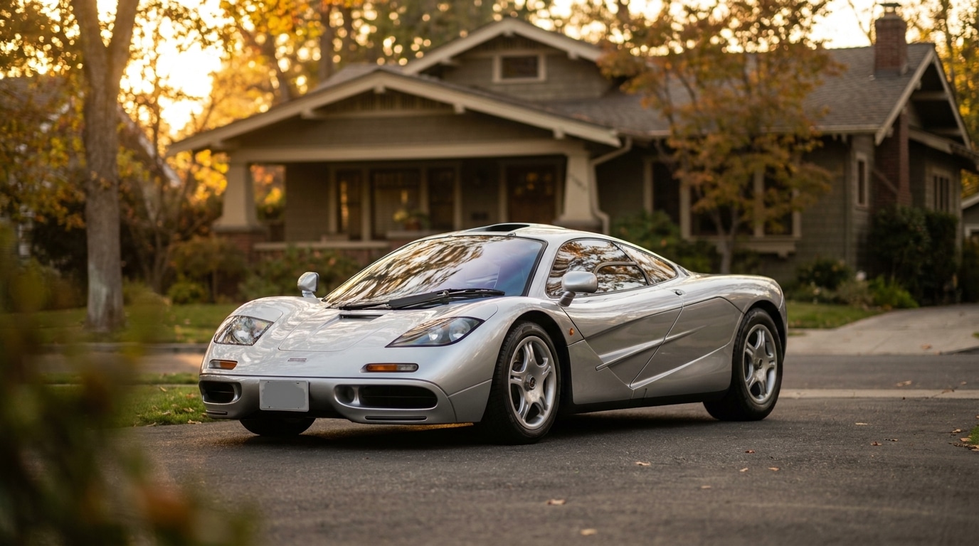 McLaren F1 argentée garée dans une allée résidentielle