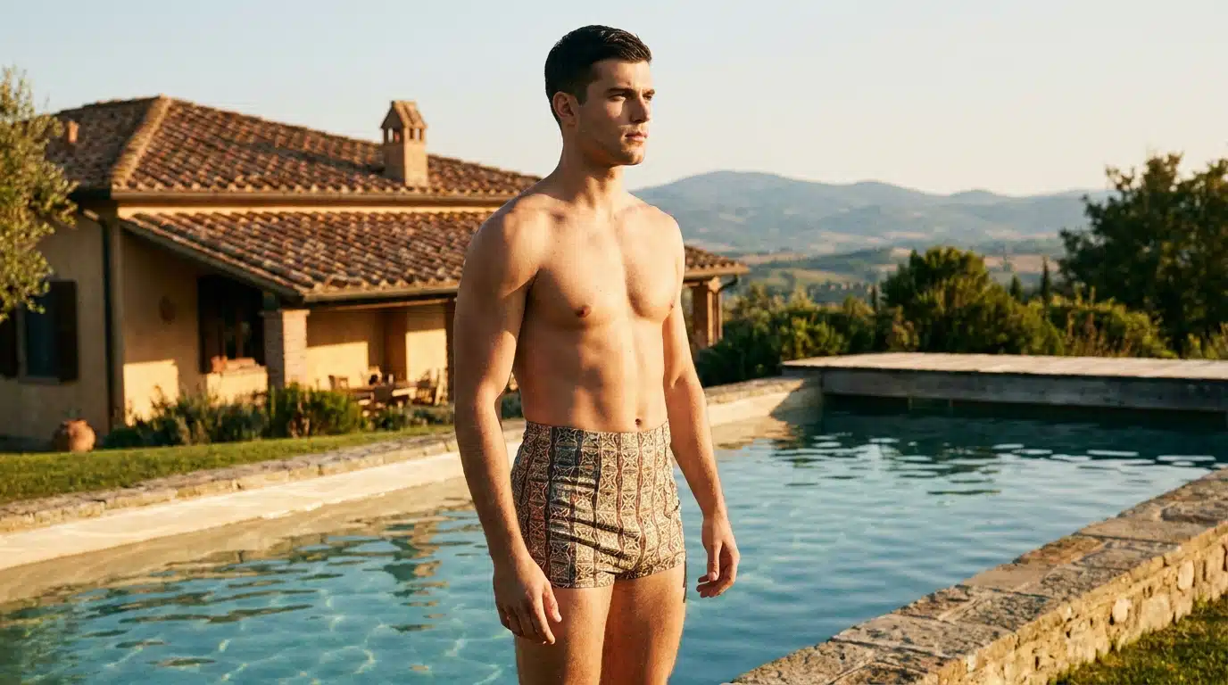 Jeune homme athlétique en maillot de bain vintage au bord d'une piscine
