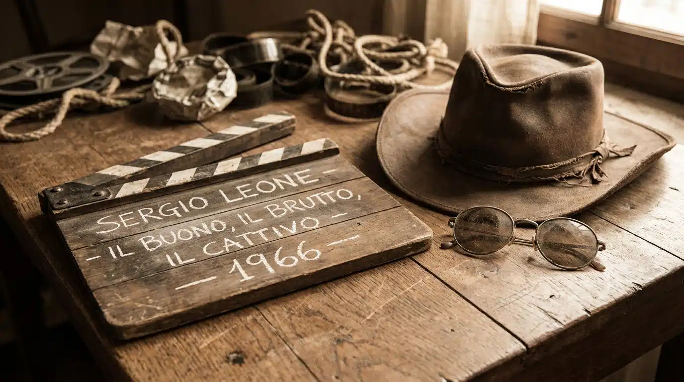 Clap de cinéma vintage et chapeau de cowboy sur une table en bois