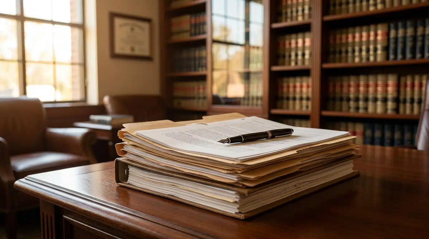 Dossiers juridiques posés sur un bureau en bois