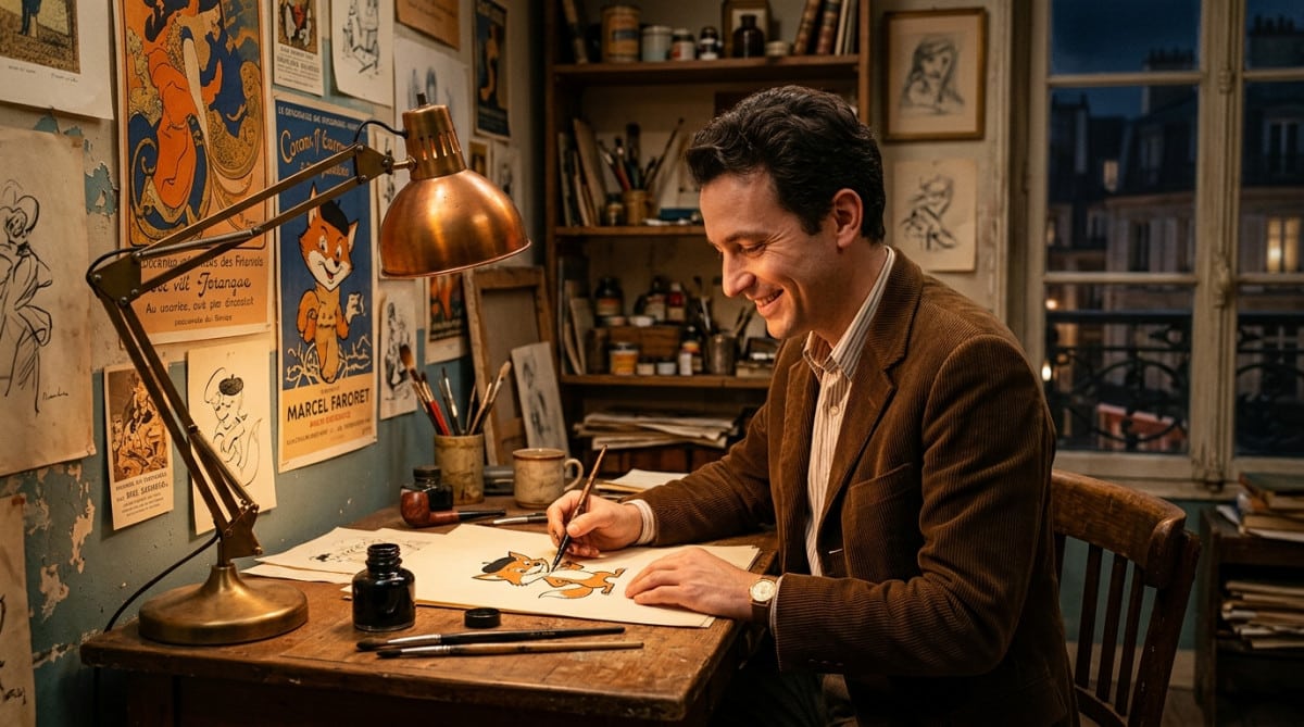 Illustrateur dessinant le personnage Bic Boy dans un atelier vintage