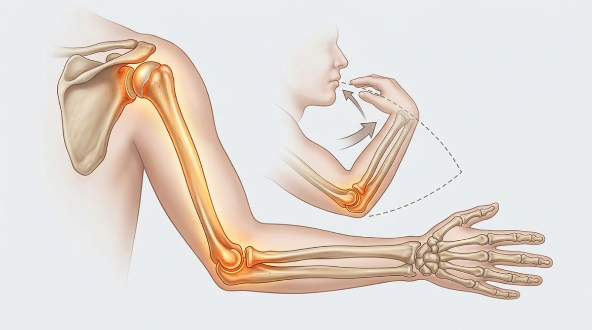 Illustration anatomique du bras montrant les os et articulations