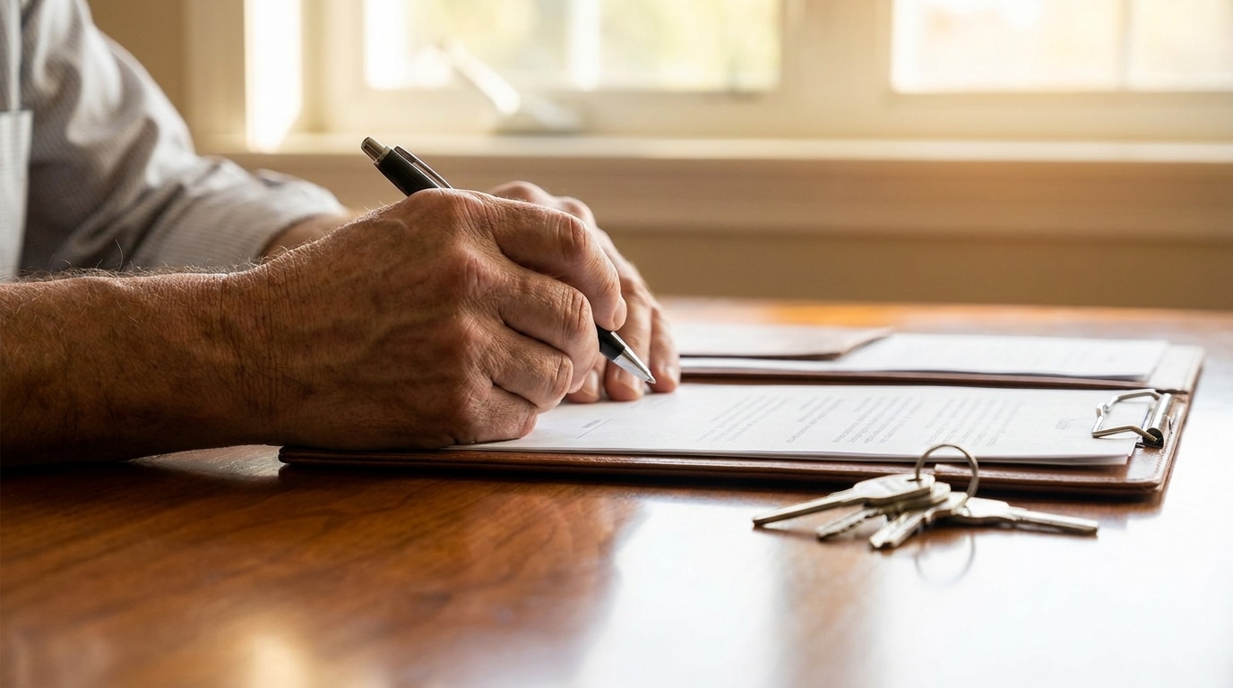 Mains signant un contrat immobilier sur un bureau