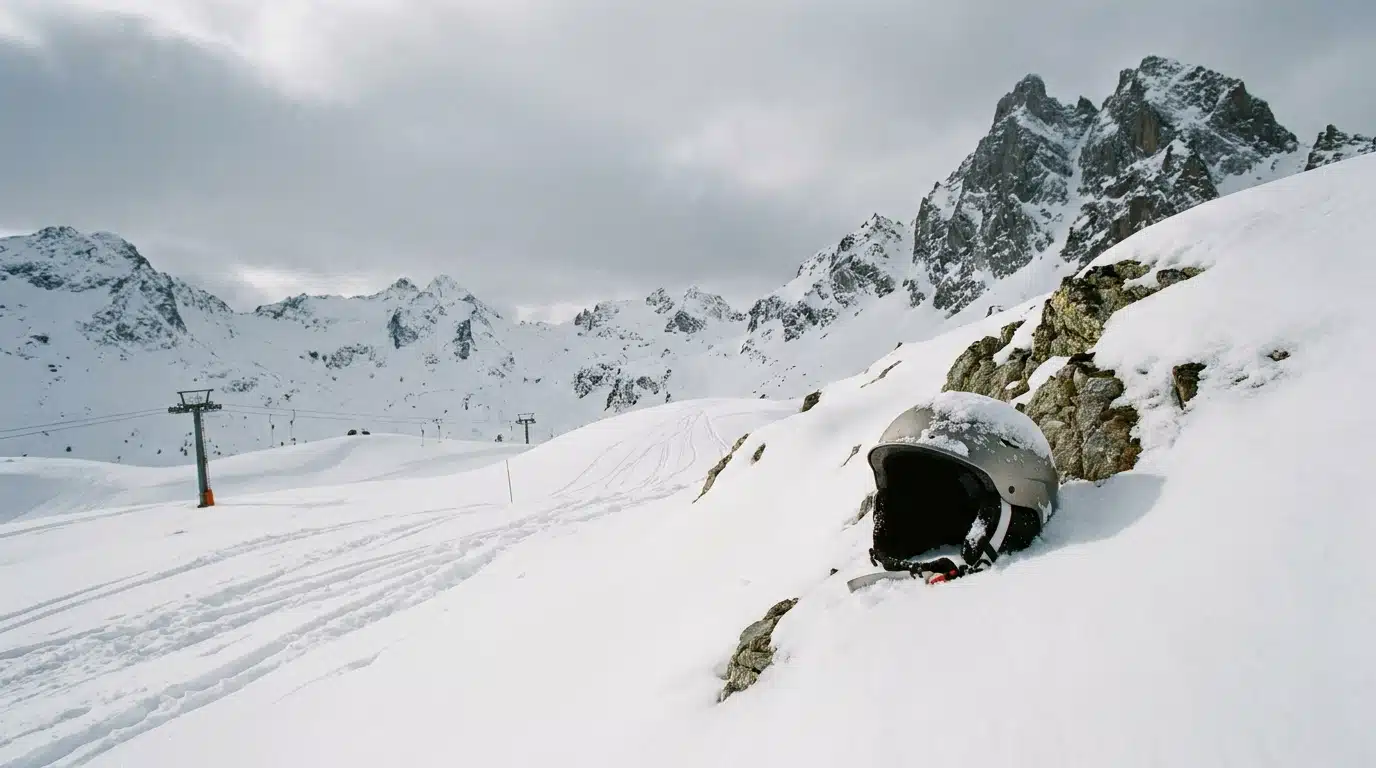 Piste de ski enneigée avec casque abandonné dans les Alpes