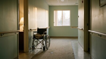 Couloir vide d'un Ehpad avec fauteuil roulant abandonné