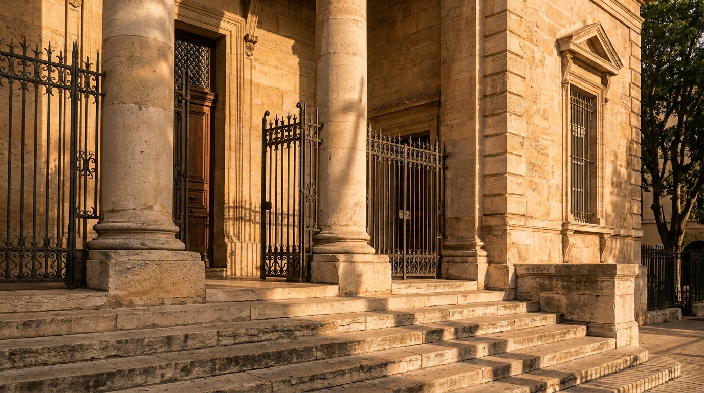 Façade d'un tribunal en pierre avec colonnes et grilles