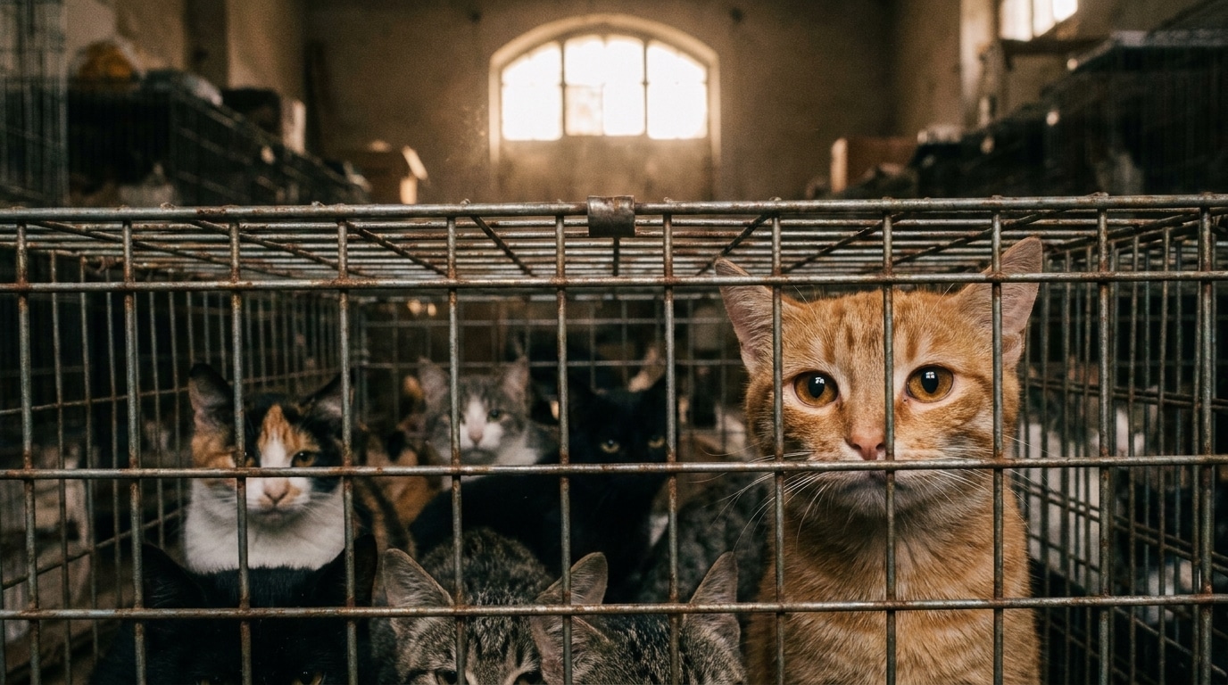 Dizaines de chats enfermés dans des cages métalliques