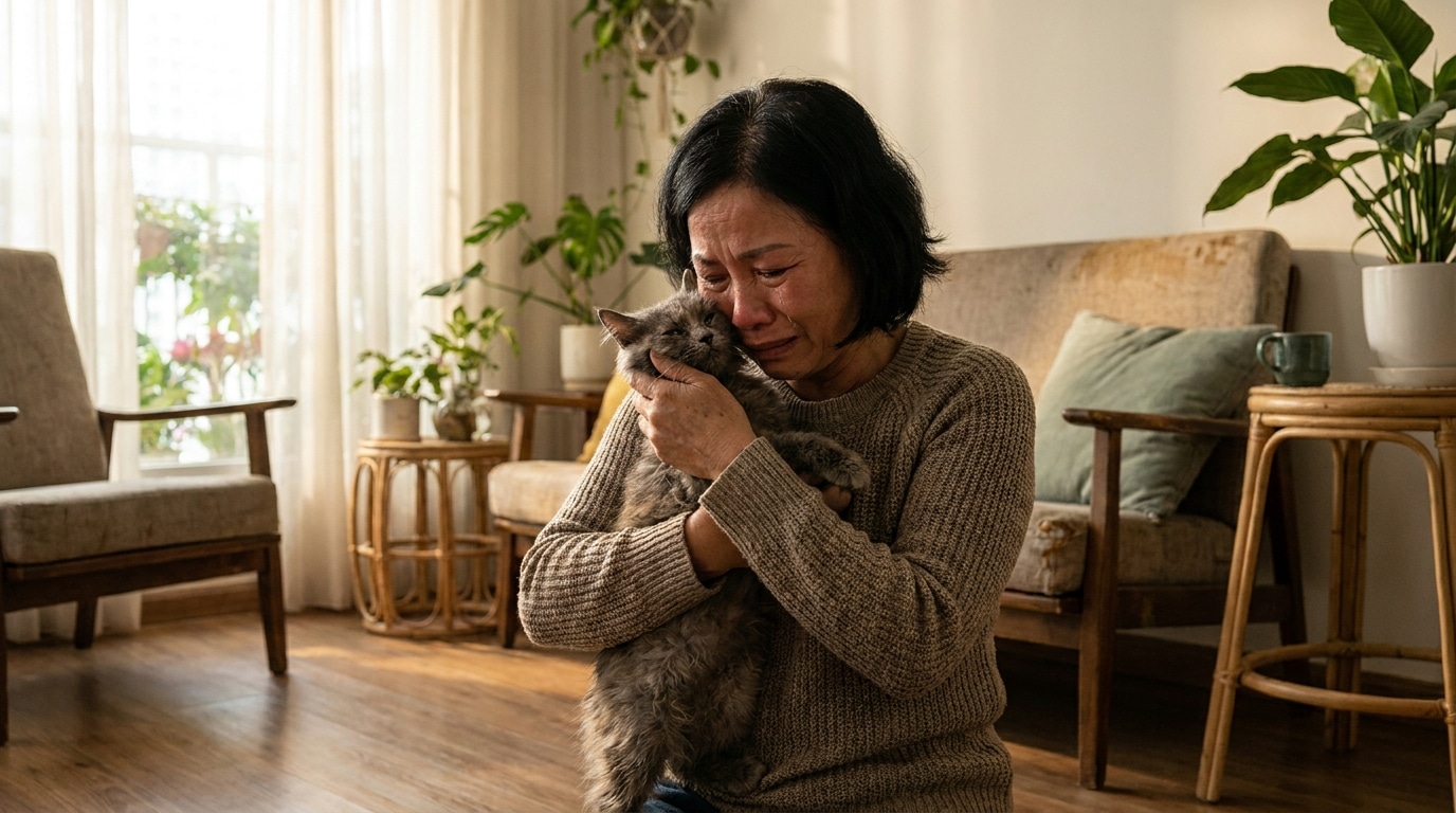 Femme serrant un chat retrouvé contre elle avec soulagement